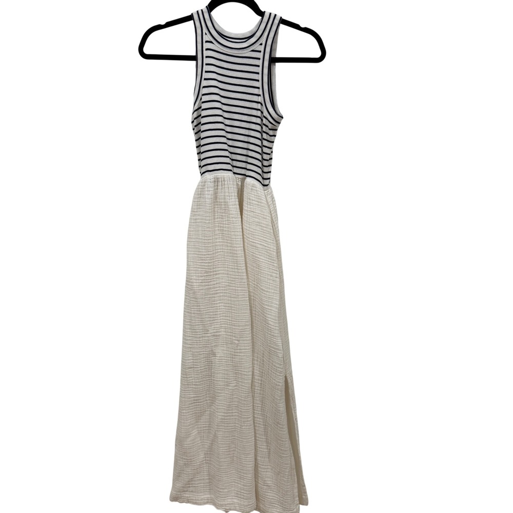 Loft Beach Striped Ribbed Knit Cotton Gauze Maxi Dress White Navy XS 763174